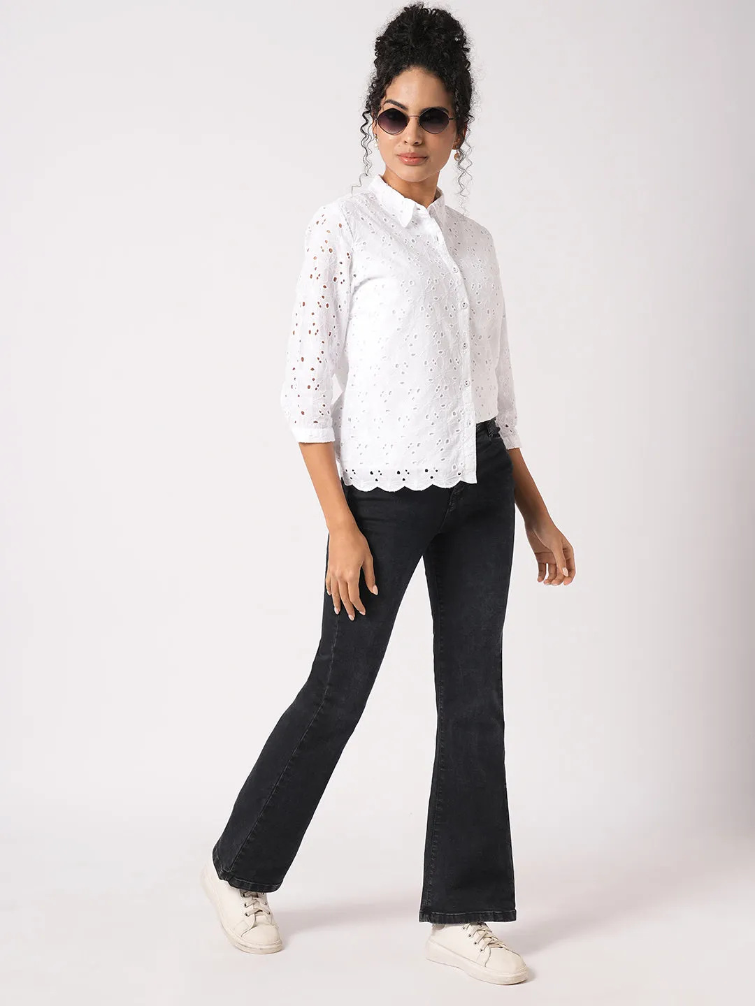 Women Slim Fit Bleach White Schiffli Shirt