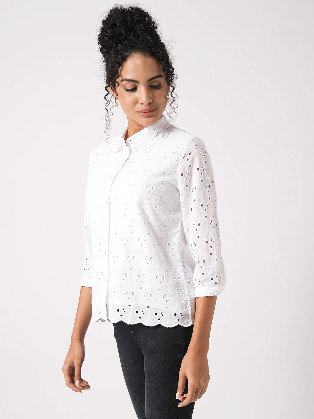 Women Slim Fit Bleach White Schiffli Shirt