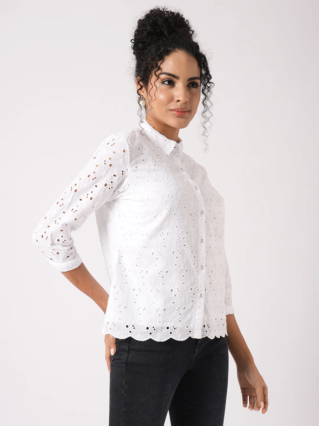 Women Slim Fit Bleach White Schiffli Shirt