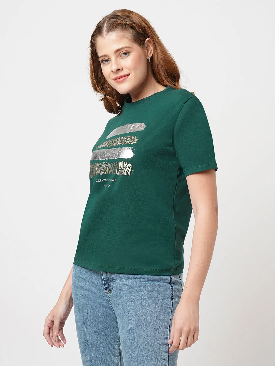 Women Slim Fit Bottle Green Boxy T-Shirt Chest Print