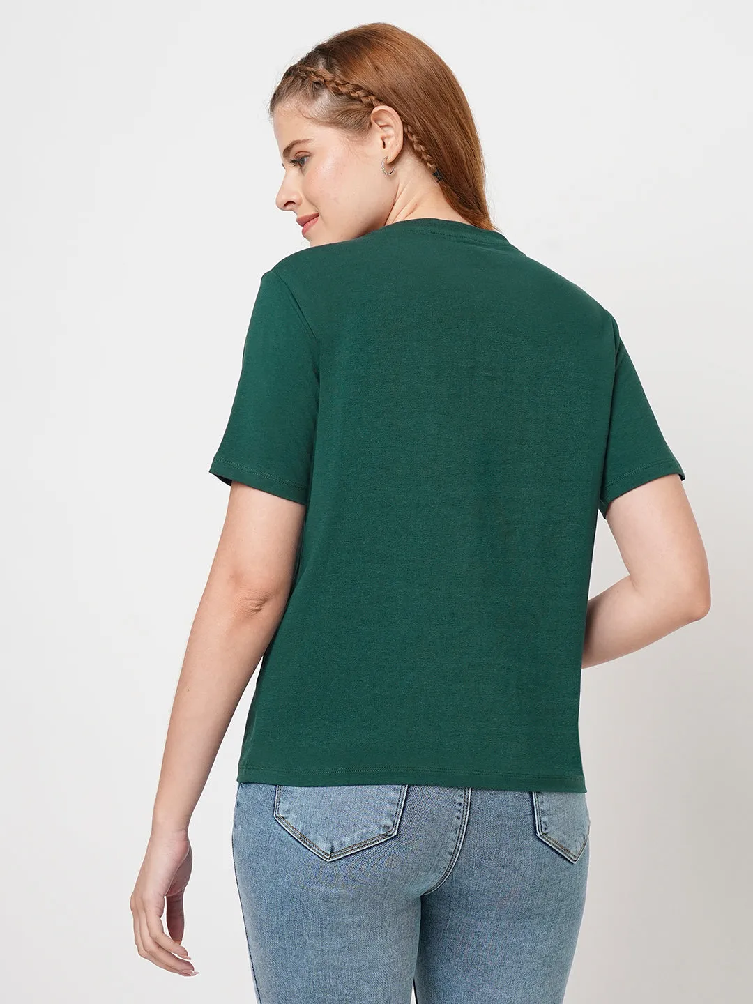 Women Slim Fit Bottle Green Boxy T-Shirt Chest Print