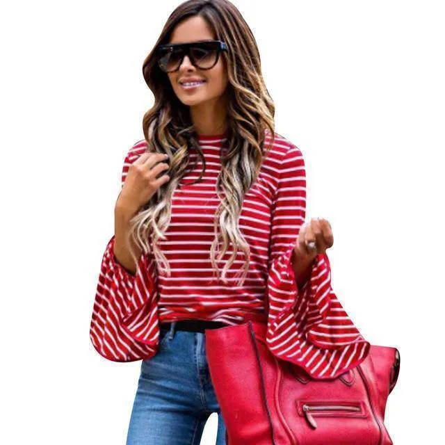 Women Vintage Fashion White And Red Striped Shirt Blouses Cotton Blend Tops retro roupas Flare Sleeve femininas shirts