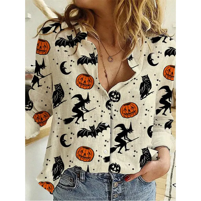 Women's Halloween Witch Long Sleeve Printed Shirt