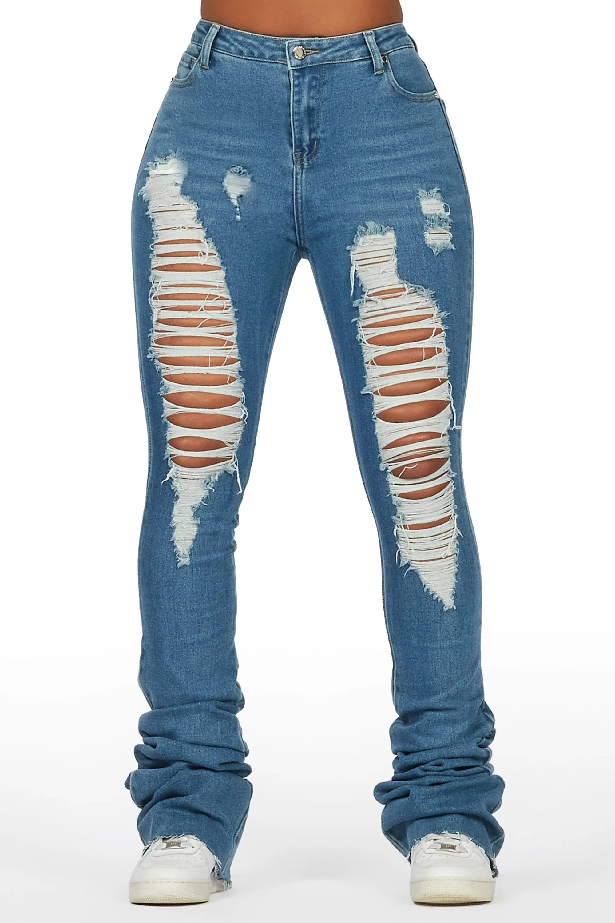 Yours Truly Med. Wash Distressed Super Stacked Jean