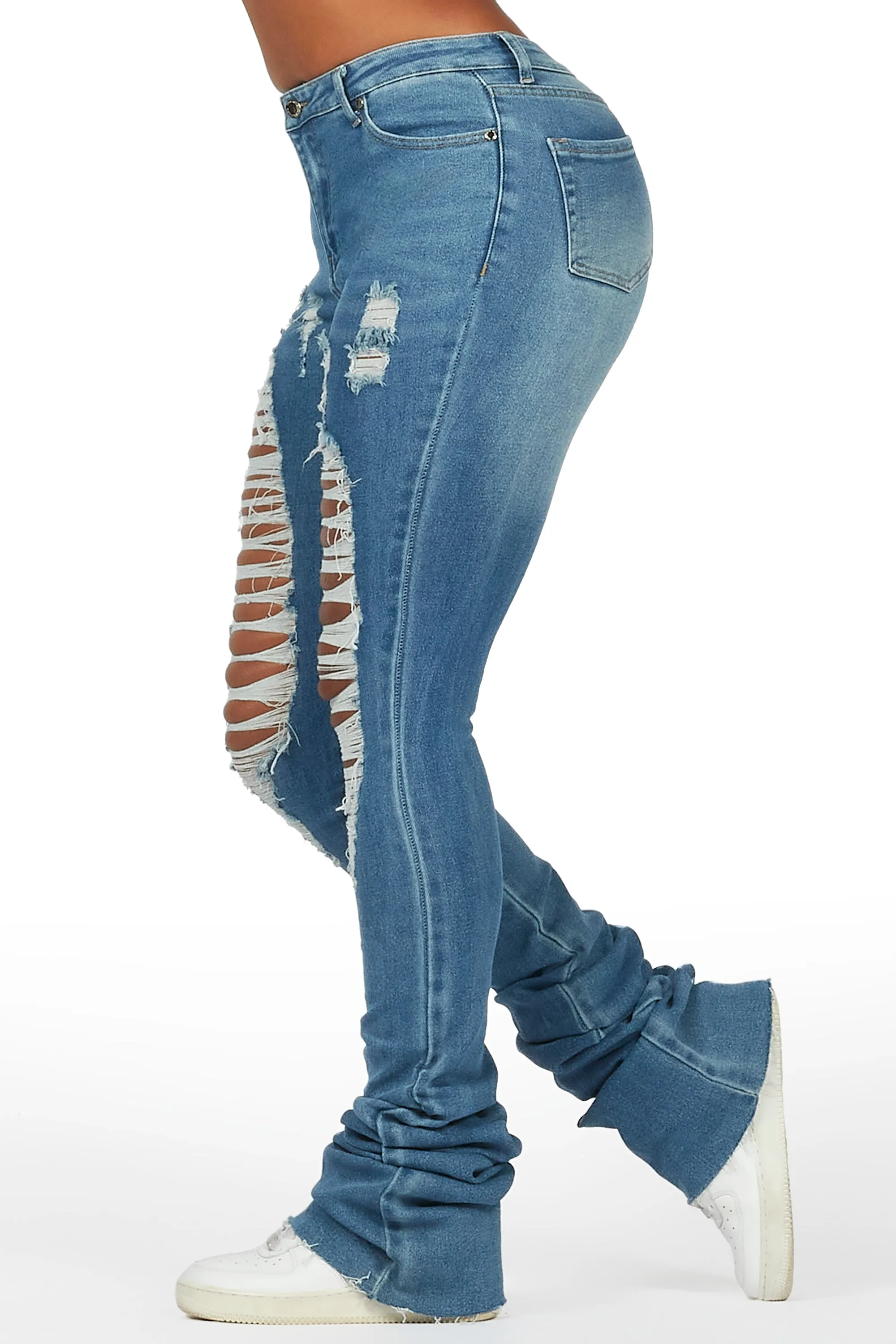 Yours Truly Med. Wash Distressed Super Stacked Jean