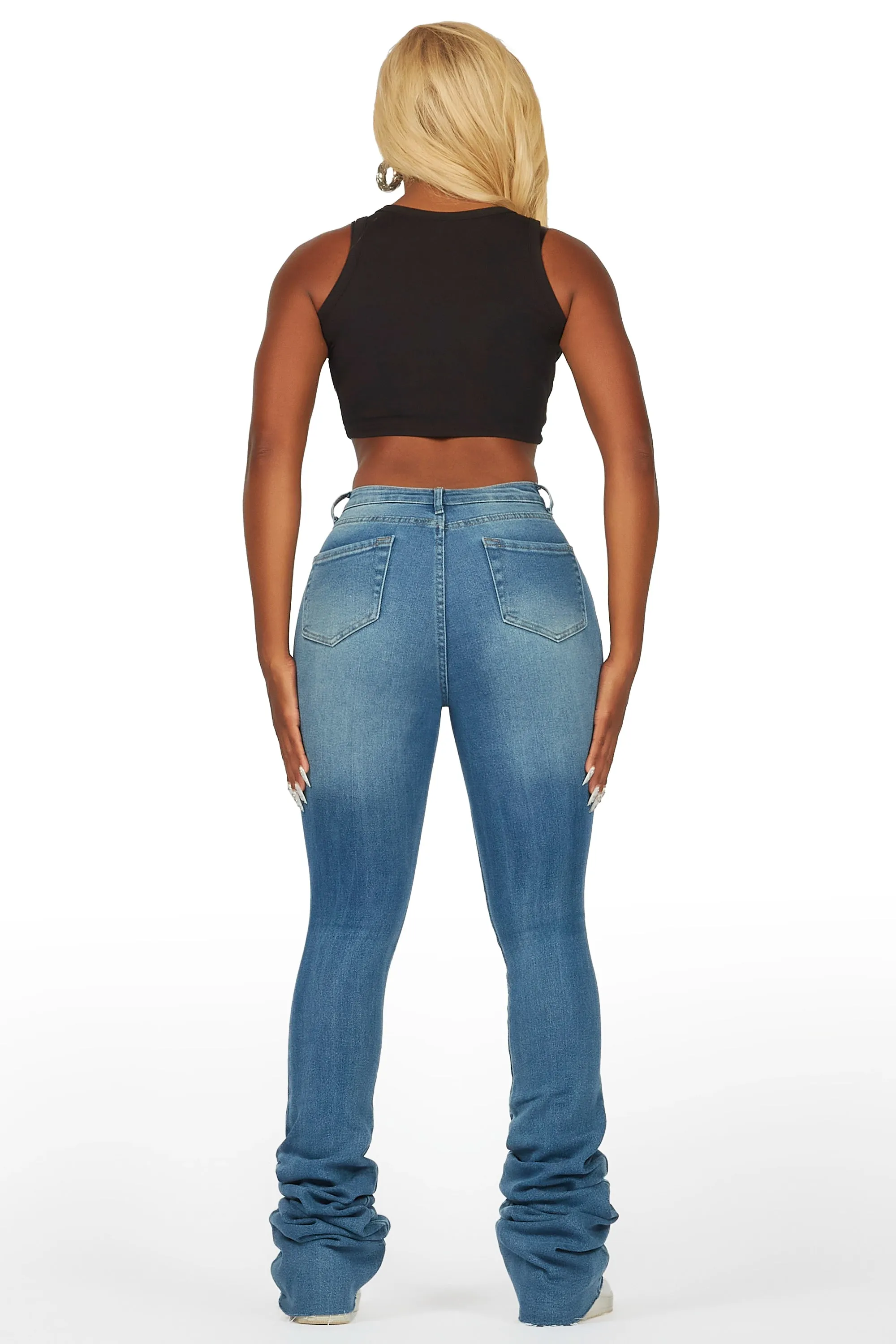 Yours Truly Med. Wash Distressed Super Stacked Jean